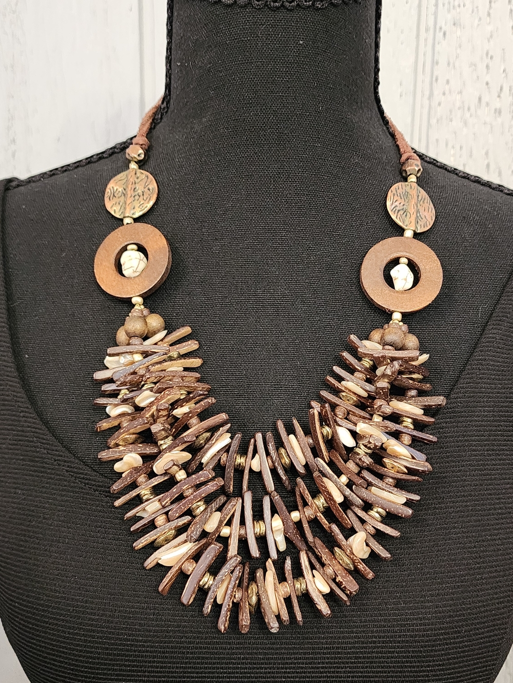 Boho Chunky Wood Shell Bead Statement Necklace 21-24" Adjustable Earth Tone